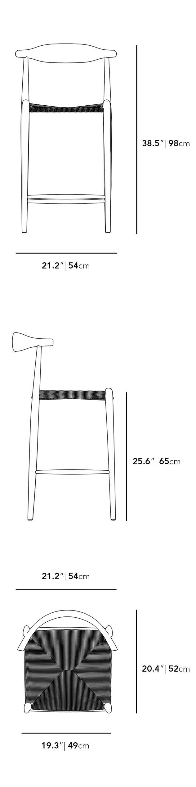 Dimensions for Elbow Counter Stool - Woven
