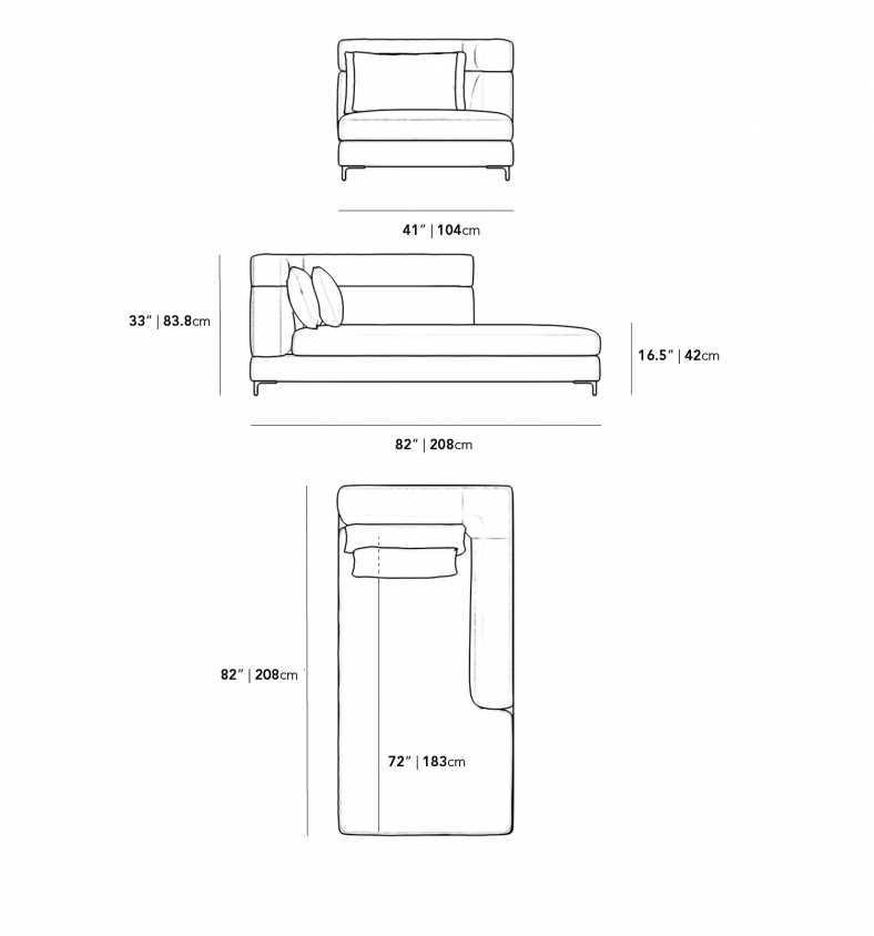 Dimensions for Antonio Right Arm Chaise - High Back