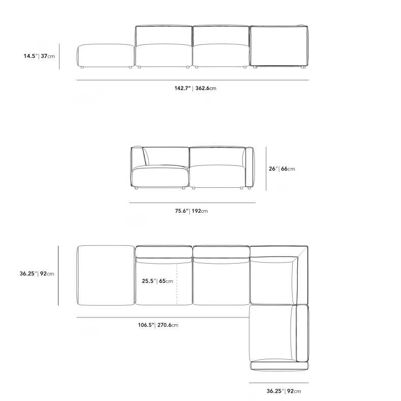 Dimensions for Arya Corner Sectional