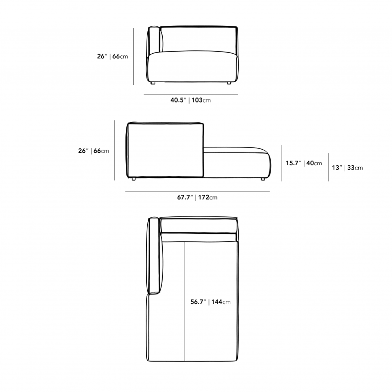 Dimensions for Arya Left Arm Chaise