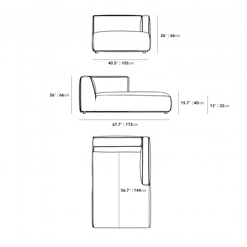 Dimensions for Arya Right Arm Chaise