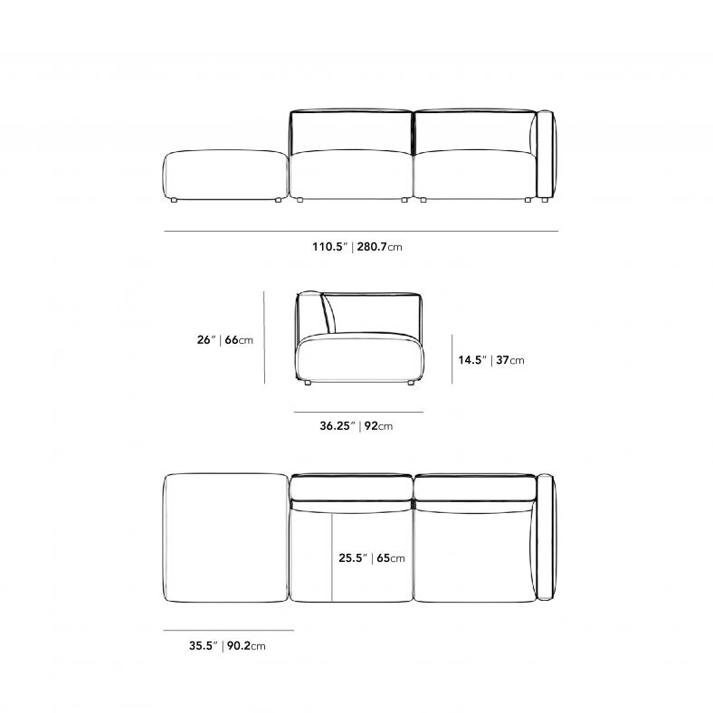 Dimensions for Arya Outdoor Modular Sofa with Open End