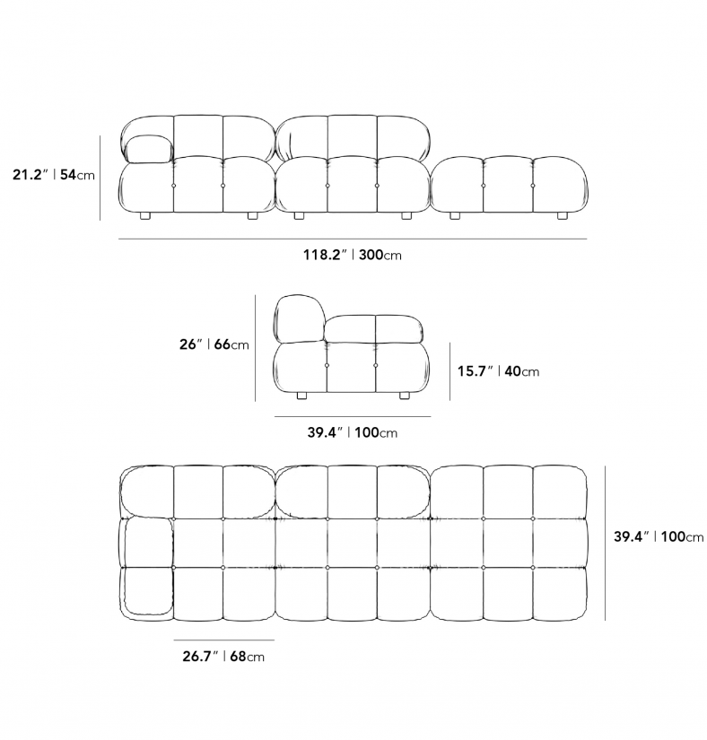 Dimensions for Belia Open End Sofa