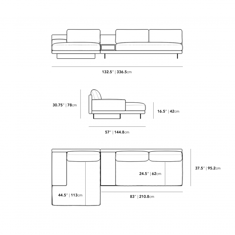 Dimensions for Dresden Sectional Sofa w/ Ash Veneer Side Table