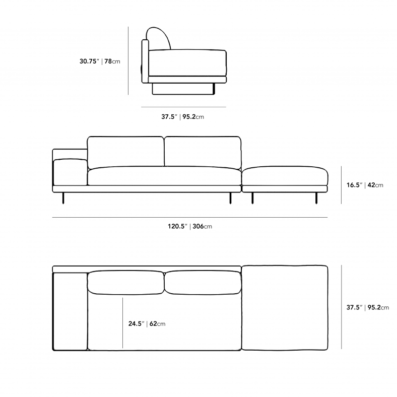 Dimensions for Dresden Open End Sofa with Armrest