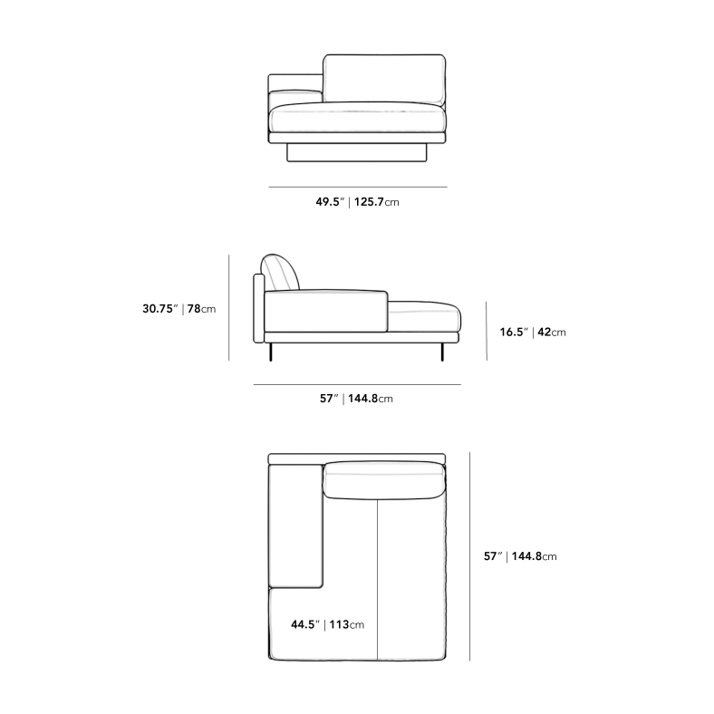 Dimensions for Dresden Left Chaise with Armrest