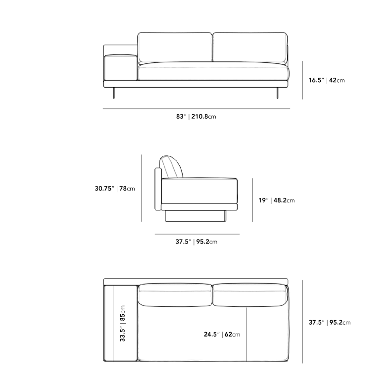 Dimensions for Dresden Armless Sofa with Armrest