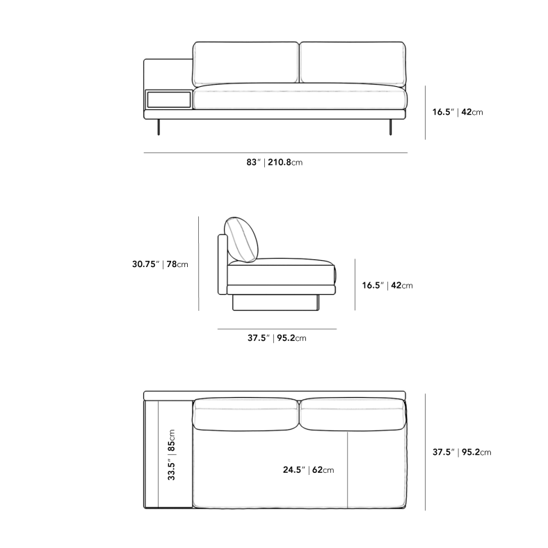 Dimensions for Dresden Armless Sofa with Side Table 2022