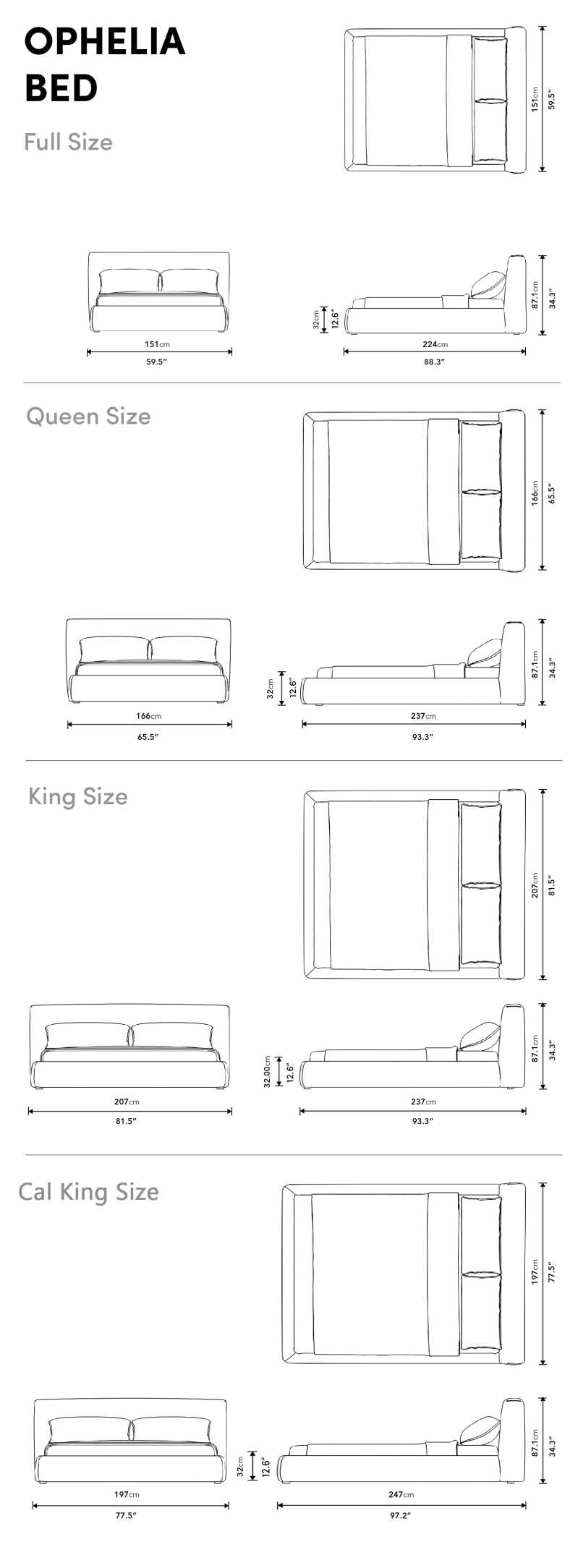 Dimensions for Ophelia Bed - Clearance