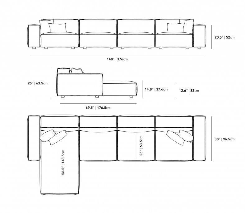 Dimensions for Porter Extended Sectional