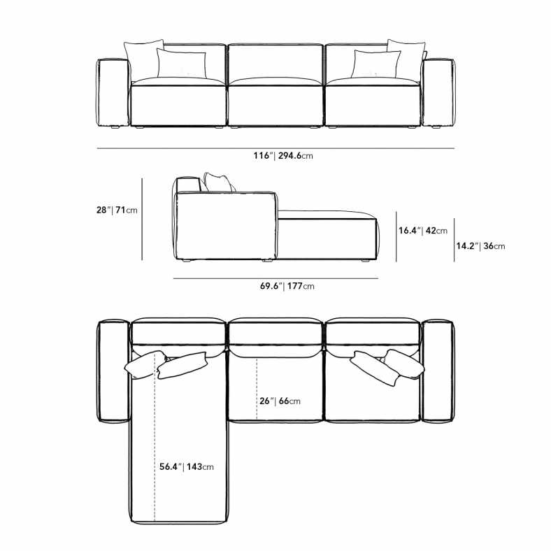 Dimensions for Porter Sectional - Grande