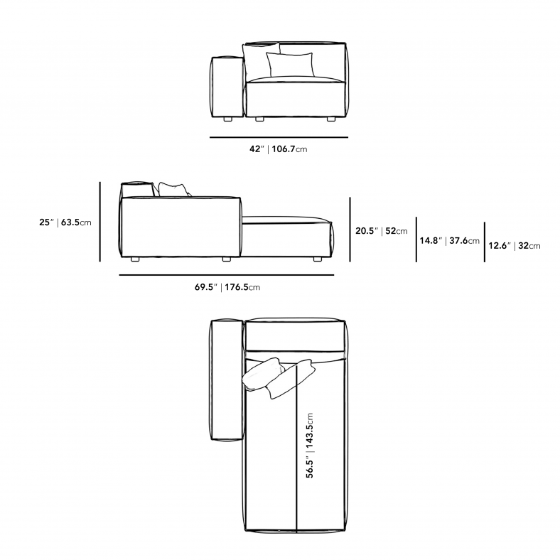 Dimensions for Porter Left Arm Chaise