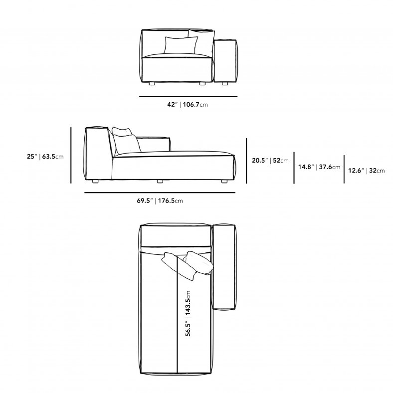 Dimensions for Porter Right Arm Chaise