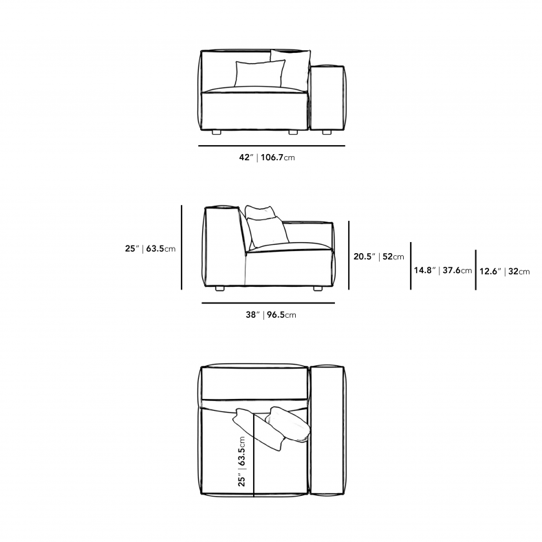 Dimensions for Porter Right Arm Corner