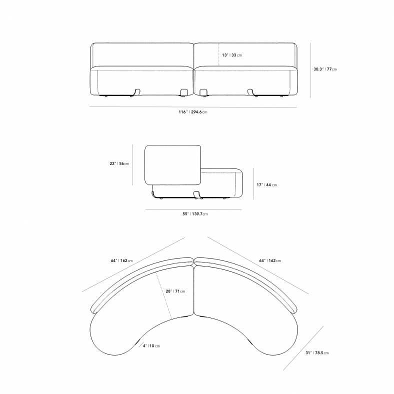 Dimensions for Tano Outdoor Curved Modular Sofa