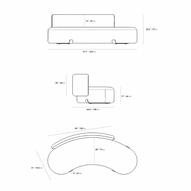 Dimensions for Tano Outdoor Open Right Curved Sofa