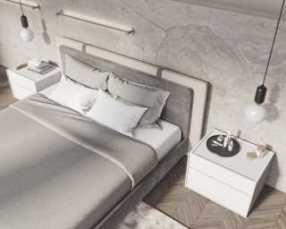 Abigail Bed -Milan Grey featuring Hunter Collection - White Glossy Lacquer and Angelo Bench is Black Velvet  Abigail Bed -Milan Grey featuring Hunter Collection - White Glossy Lacquer and Angelo Bench is Black Velvet